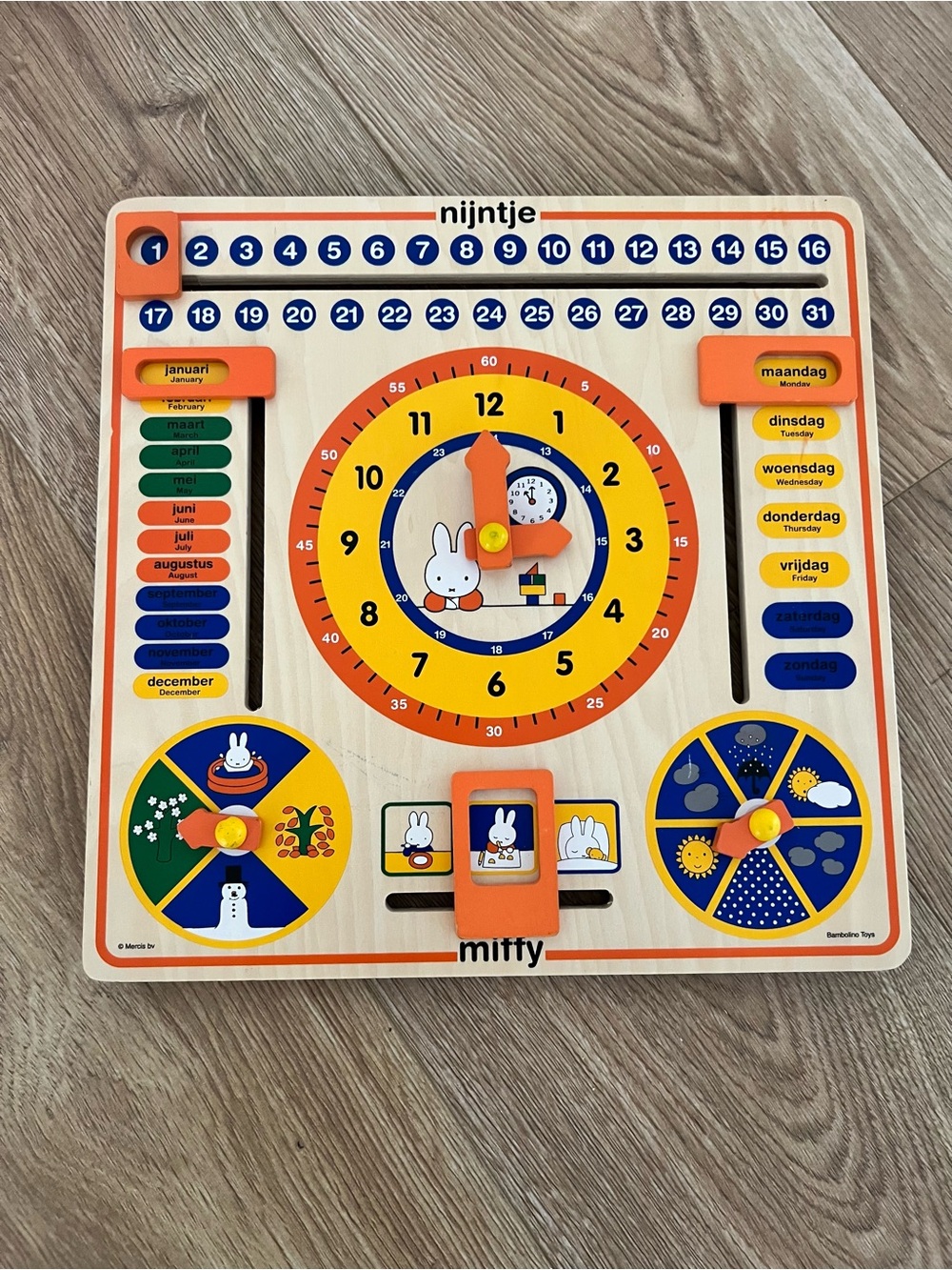 miffy Wooden Learning Board Clock in Orange, Yellow, Blue